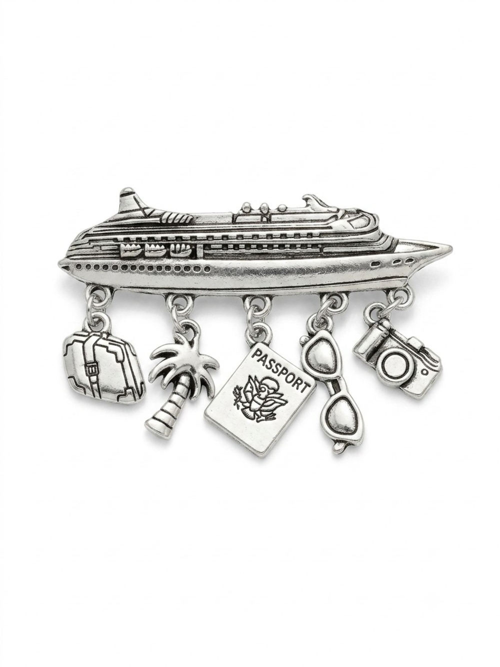 Travel Cruise Ship Charm Brooch - Silver Tone